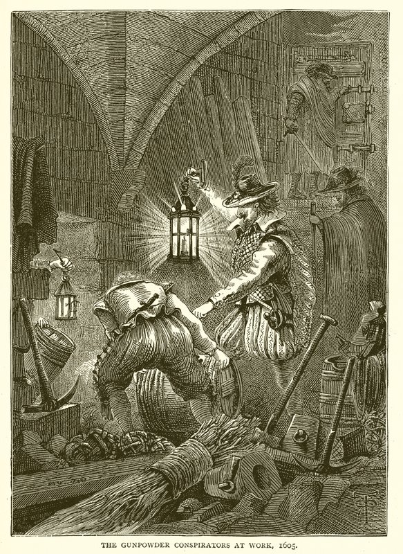 De buskruit samenzweerders aan het werk, 1605 door English School