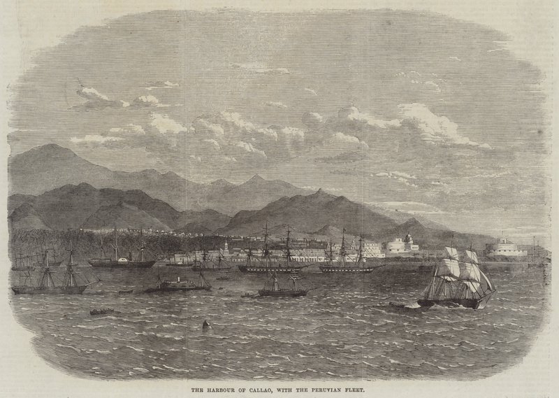 De haven van Callao, met de Peruaanse vloot (gravure) door English School