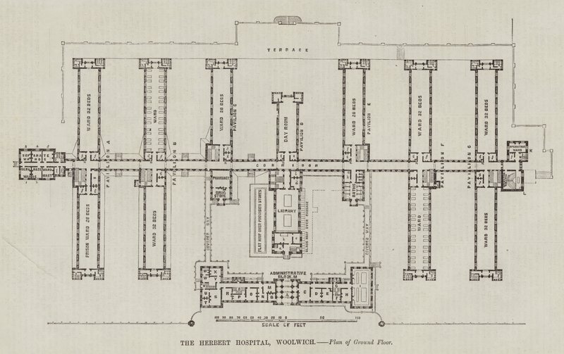 Het Herbert Ziekenhuis, Woolwich, Plattegrond van de Begane Grond (gravure) door English School