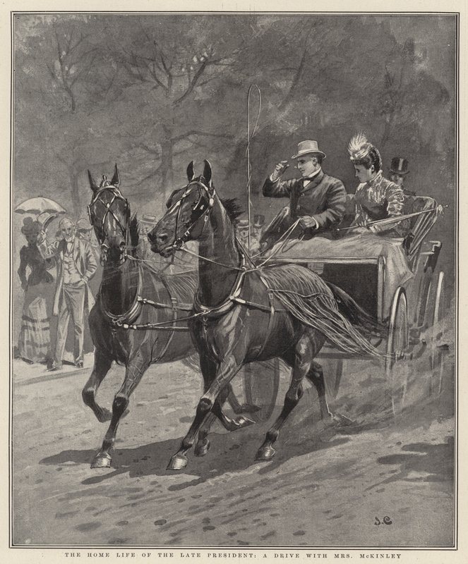 Het huiselijke leven van de overleden president, een rit met mevrouw McKinley (litho) door English School
