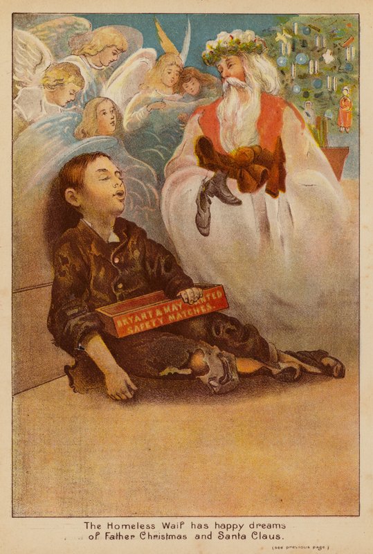 De dakloze wees droomt gelukkig van de Kerstman en Santa Claus door English School