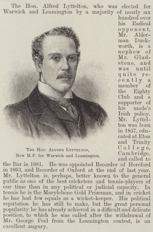 De Eerwaarde Alfred Lyttelton, nieuwe MP voor Warwick en Leamington (gravure) door English School