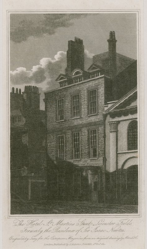 Het hotel, St Martins Street, Leicester Square, Londen; voorheen de residentie van Sir Isaac Newton door English School