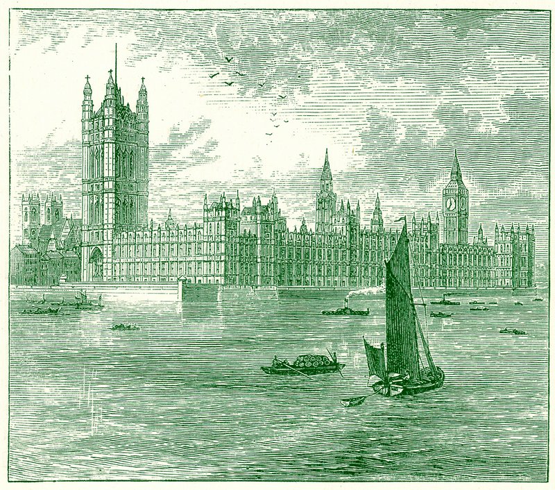 Het Parlement en Westminster Abbey, illustratie uit The World as it Is door George Chisolm, gepubliceerd 1885 door English School