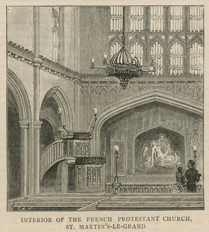 De Hugenoten in Engeland: Interieur van de Franse Protestantse Kerk, St Martins-le-Grand door English School