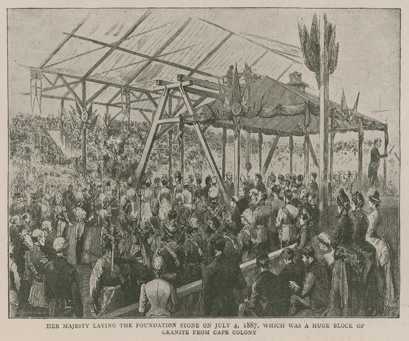 Het Imperial Institute: Hare Majesteit legt de eerste steen op 4 juli 1887, een enorme granieten blok uit Kaapkolonie door English School