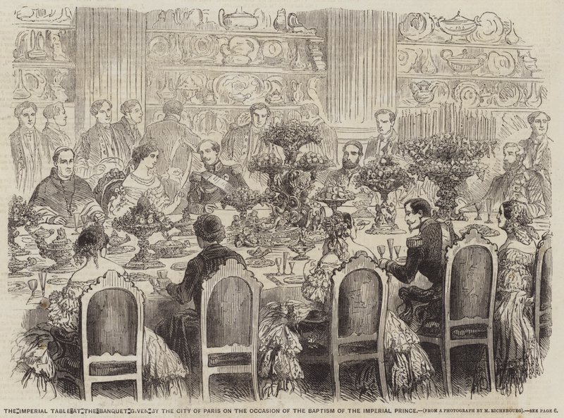 De keizerlijke tafel bij het banket gegeven door de stad Parijs ter gelegenheid van de doop van de keizerlijke prins (gravure) door English School