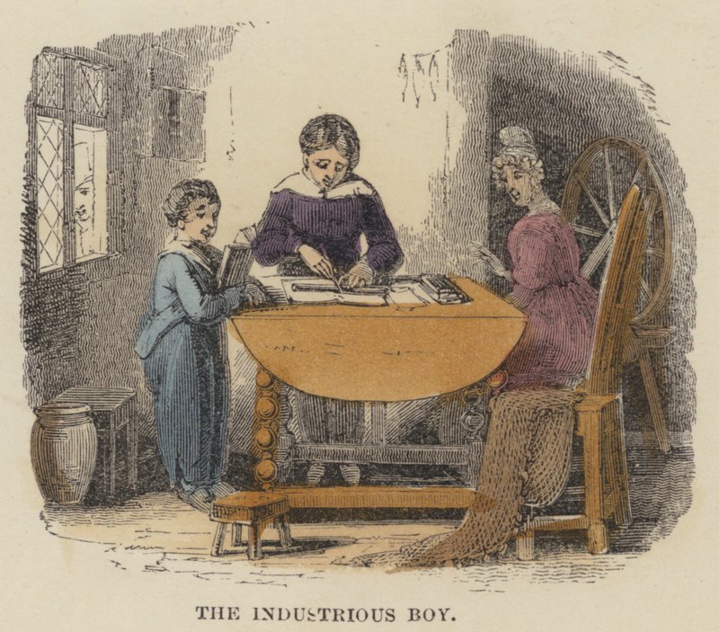 De ijverige jongen (gekleurde gravure) door English School