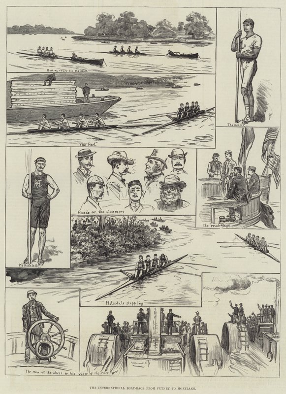 De internationale bootrace van Putney naar Mortlake (gravure) door English School