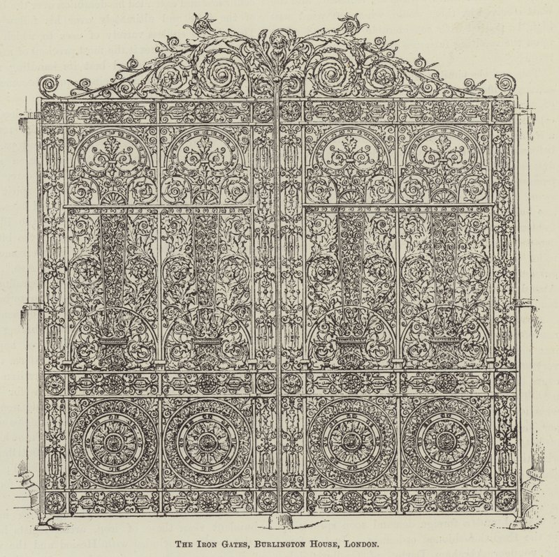 De ijzeren poorten, Burlington House, Londen (gravure) door English School