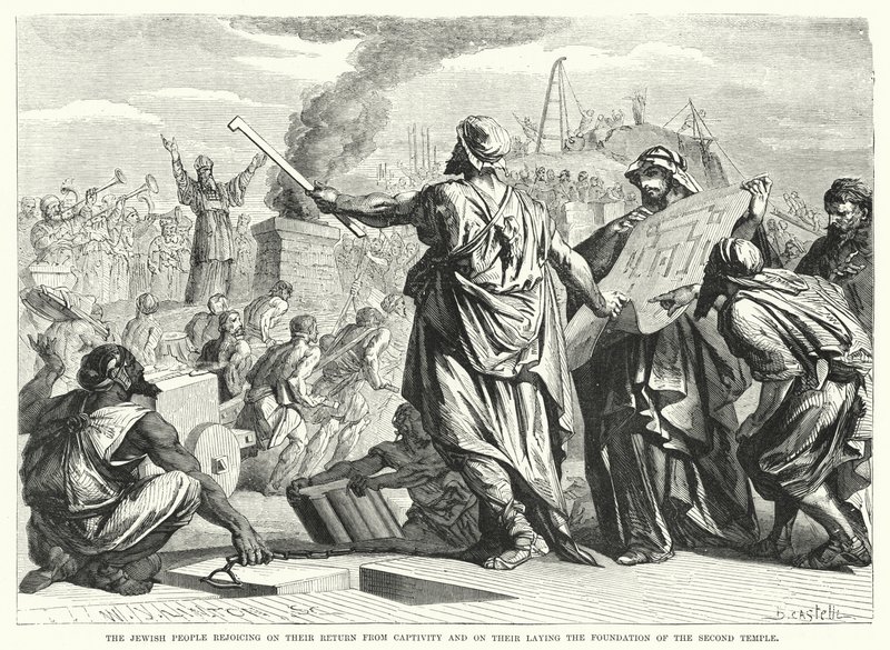 Het Joodse volk viert hun terugkeer uit ballingschap en het leggen van de fundamenten van de Tweede Tempel (gravure) door English School