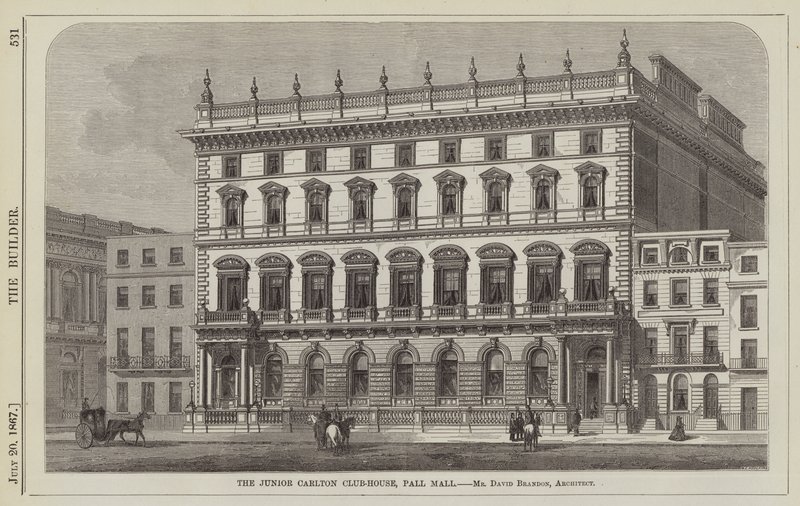 Het Junior Carlton Club-House, Pall Mall, Mr David Brandon, Architect (gravure) door English School