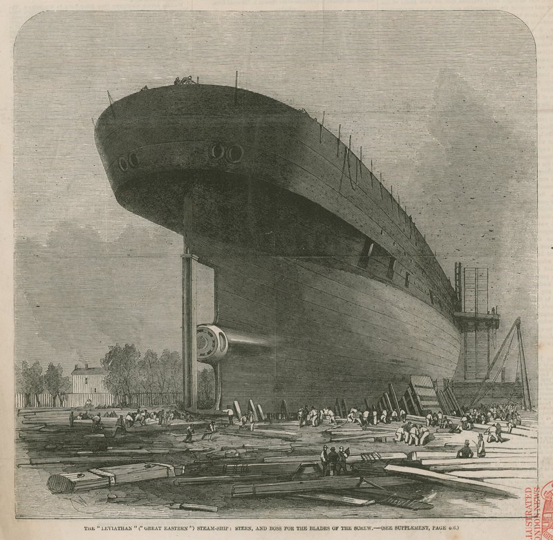 De Leviathan (Great Eastern) stoomschip; achtersteven en naaf voor de bladen van de schroef door English School