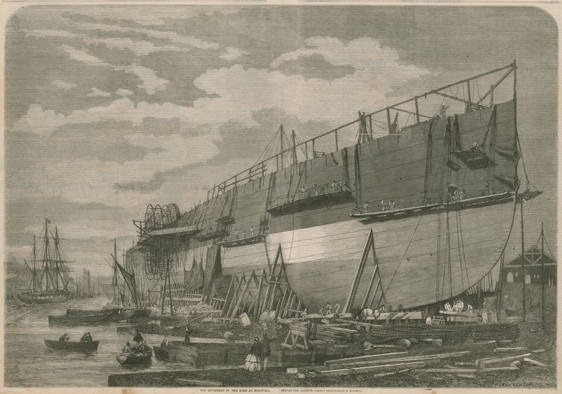 De Leviathan in de werf in Millwall, Londen, voor de lancering door English School