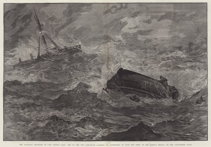 De reddingsbootrampen in de storm van vorige week, een van de twee reddingsboten kapseisde bij het proberen de bemanning van de bark Mexico te redden, aan de kust van Lancashire door English School