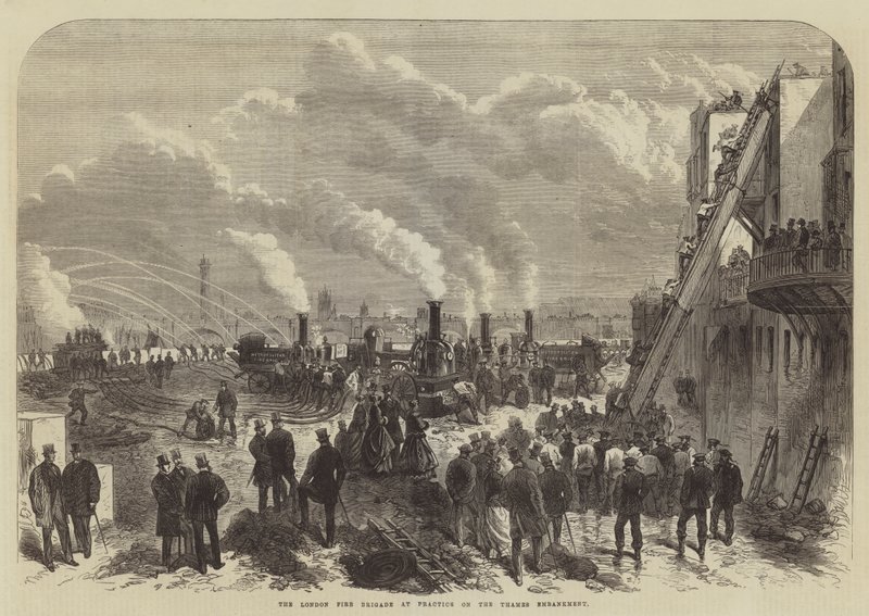 De Londense Brandweer aan het Oefenen op de Thames Embankment (gravure) door English School