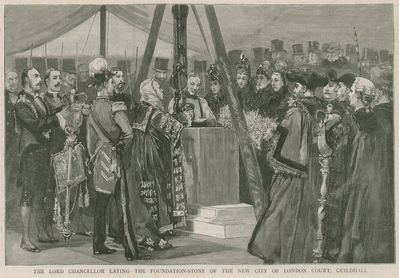 De Lord Chancellor legt de eerste steen van het nieuwe City of London Court, Guildhall door English School