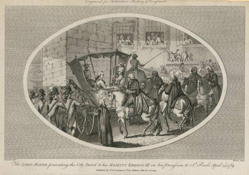 De burgemeester die het stadzwaard aan Zijne Majesteit George III presenteert door English School