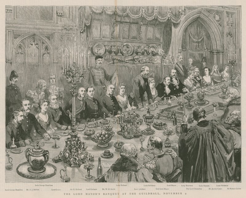 Het banket van de Lord Mayor in de Guildhall, Londen, 9 november 1887 door English School