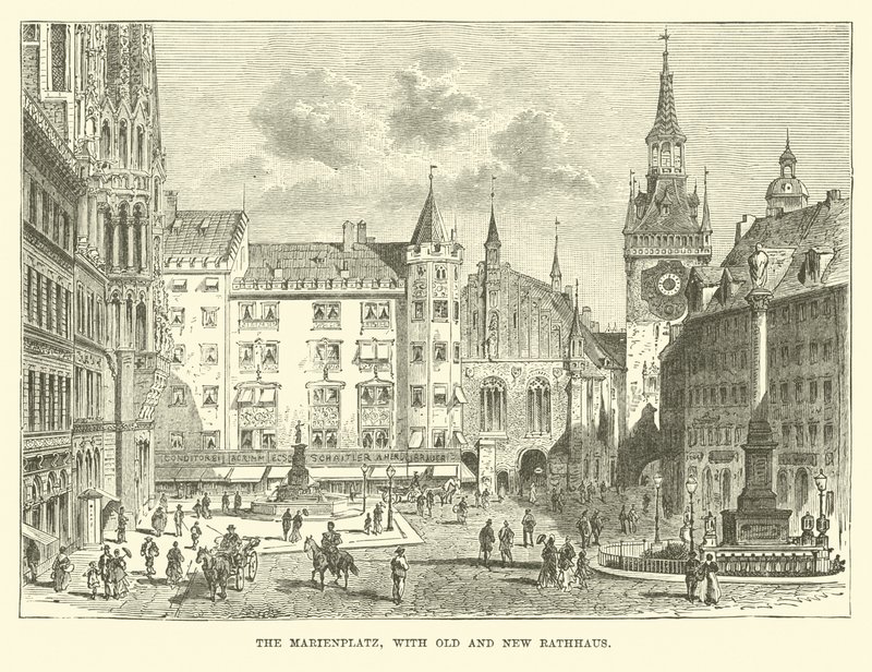 De Marienplatz, met oud en nieuw stadhuis door English School