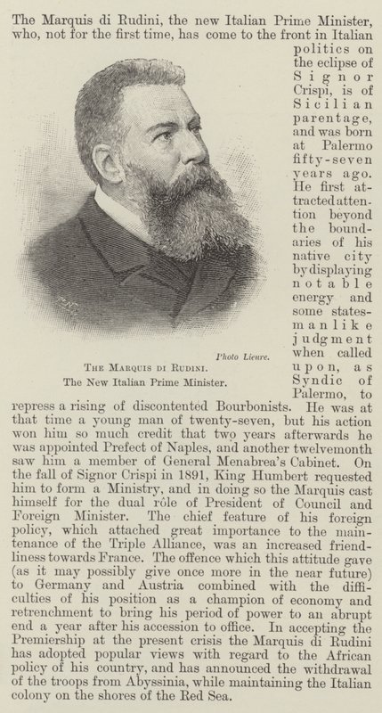 De markies di Rudini, de nieuwe Italiaanse premier (gravure) door English School
