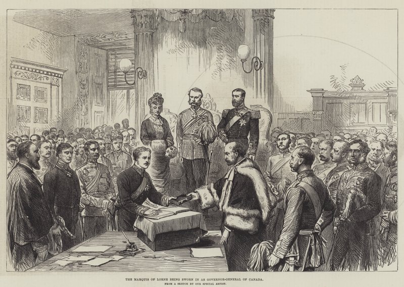 De markies van Lorne wordt beëdigd als gouverneur-generaal van Canada (gravure) door English School