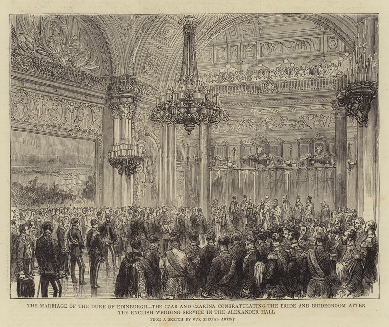 Het Huwelijk van de Hertog van Edinburgh, de Tsaar en Tsarina Feliciteren de Bruid en Bruidegom na de Engelse Huwelijksdienst in de Alexanderzaal door English School
