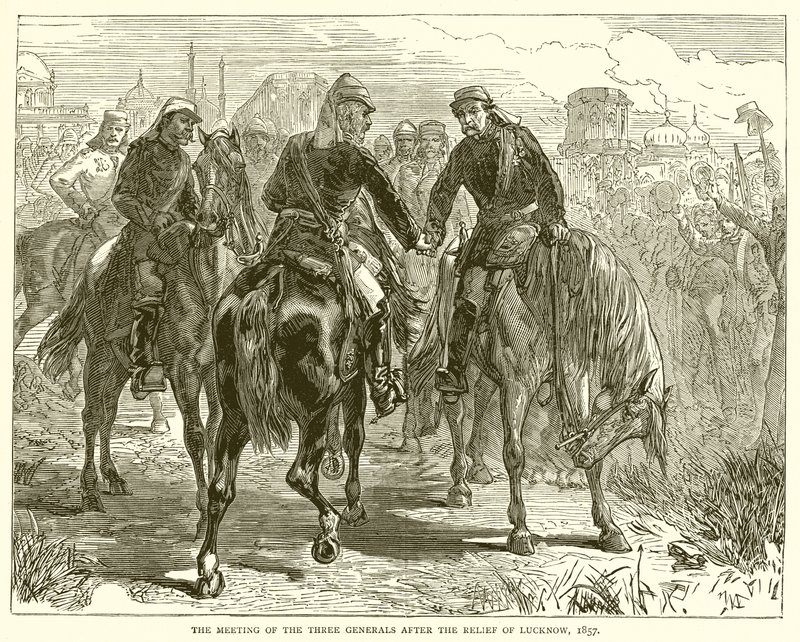 De ontmoeting van de drie generaals na de bevrijding van Lucknow, 1857 door English School