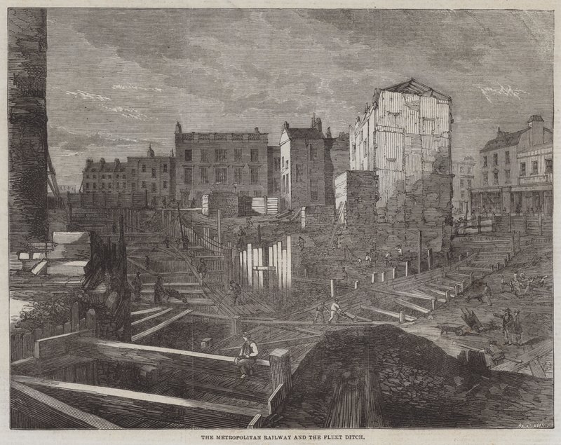 De Metropolitan Railway en de Fleet Ditch (gravure) door English School