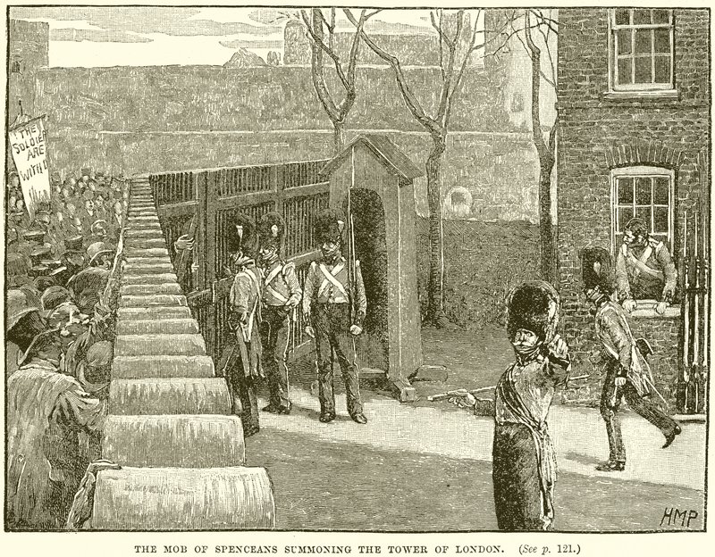 De menigte van Spenceanen die de Tower of London oproepen door English School