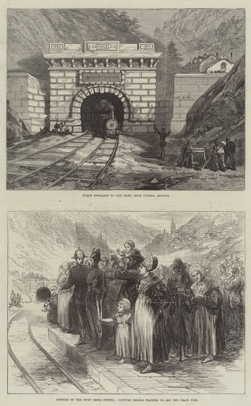 De Mont Cenis-tunnel (gravure) door English School