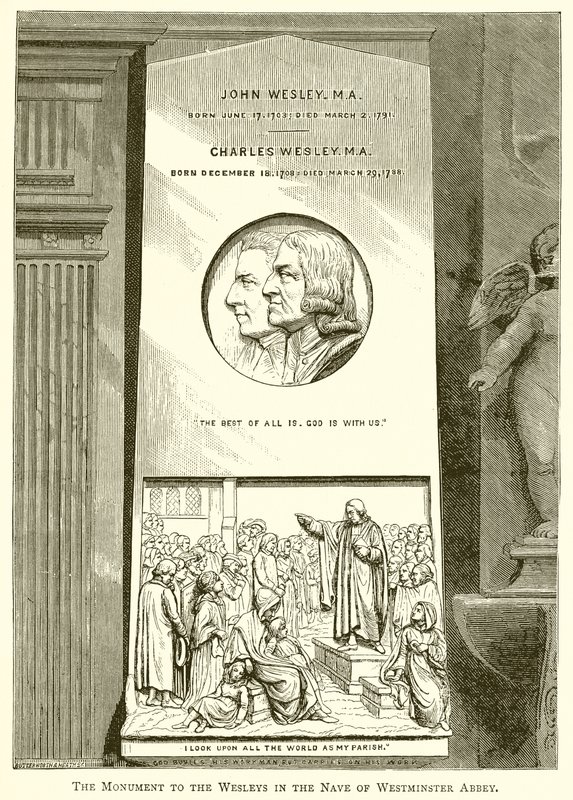 Het monument voor de Wesleys in het schip van Westminster Abbey door English School
