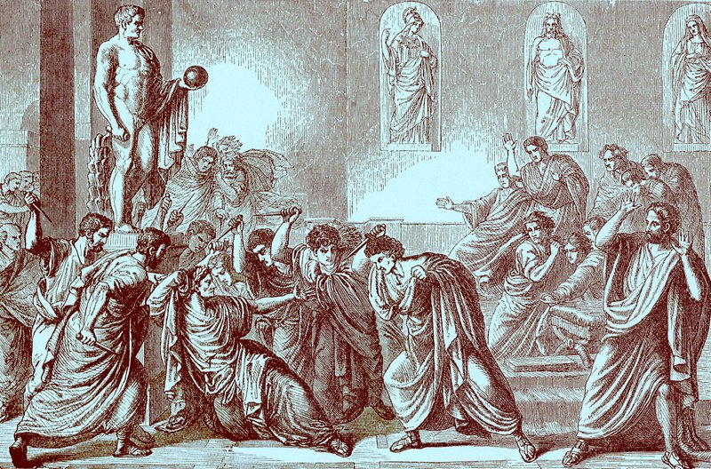 De Moord op Julius Caesar, illustratie uit The Illustrated History of the World, gepubliceerd ca. 1880 door English School
