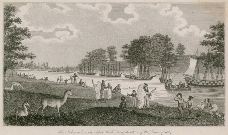 De Naumachia in Hyde Park ter viering van de Vrede van 1814 door English School