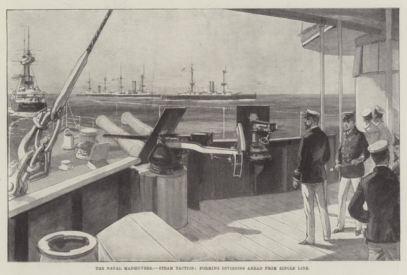 De marine-oefeningen, stoomtactieken, vormen divisies vooruit vanuit een enkele lijn (gravure) door English School