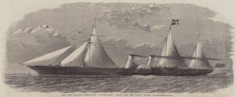 Het nieuwe clipper-stoomschip "Ly-Ee-Moon," gebouwd voor de opiumhandel (gravure) door English School