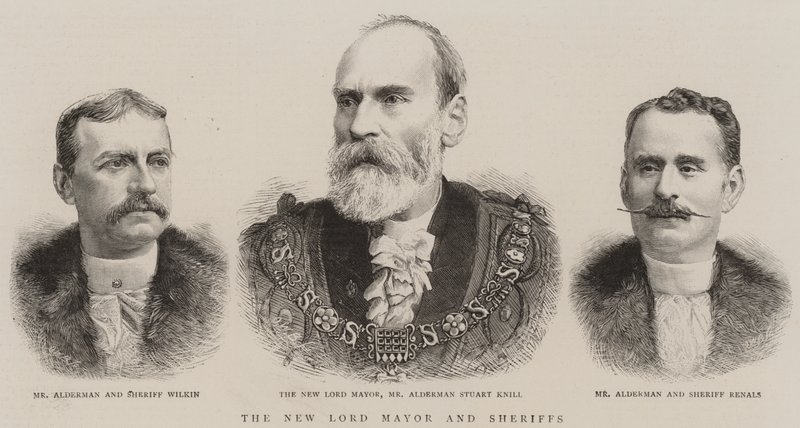 De nieuwe burgemeester en sheriffs (gravure) door English School