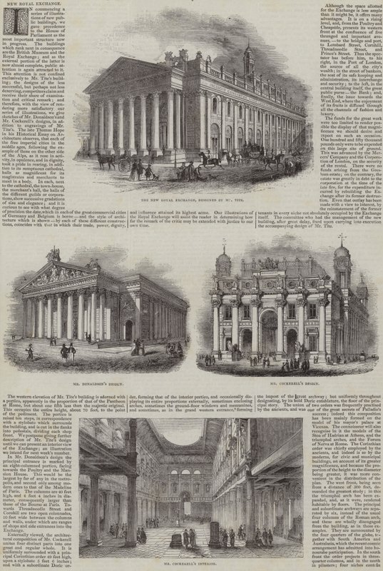 De Nieuwe Royal Exchange, Londen, met alternatieve ontwerpen (gravure) door English School