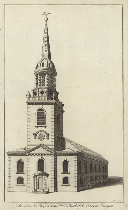 Het noordoostelijke aanzicht van de parochiekerk van St Mary in Islington door English School