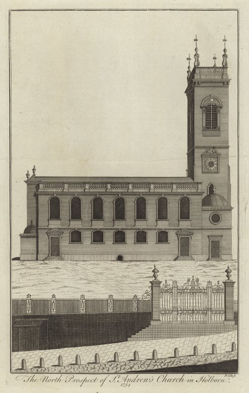 Het noordelijke aanzicht van St Andrews Church in Holborn door English School