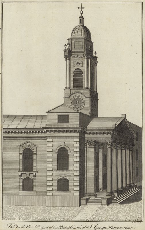 Het noordwestelijke aanzicht van de parochiekerk van St George, Hanover Square, Londen door English School