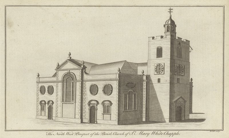 Het noordwestelijke aanzicht van de parochiekerk van St Mary Whitechapel, Londen door English School