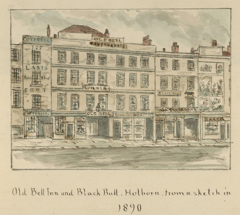 The Old Bell Inn en Black Bull, Holborn, Londen door English School