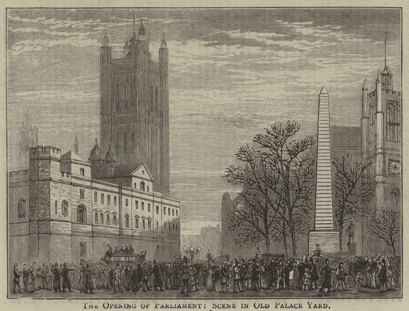De opening van het parlement, scène in Old Palace Yard (gravure) door English School
