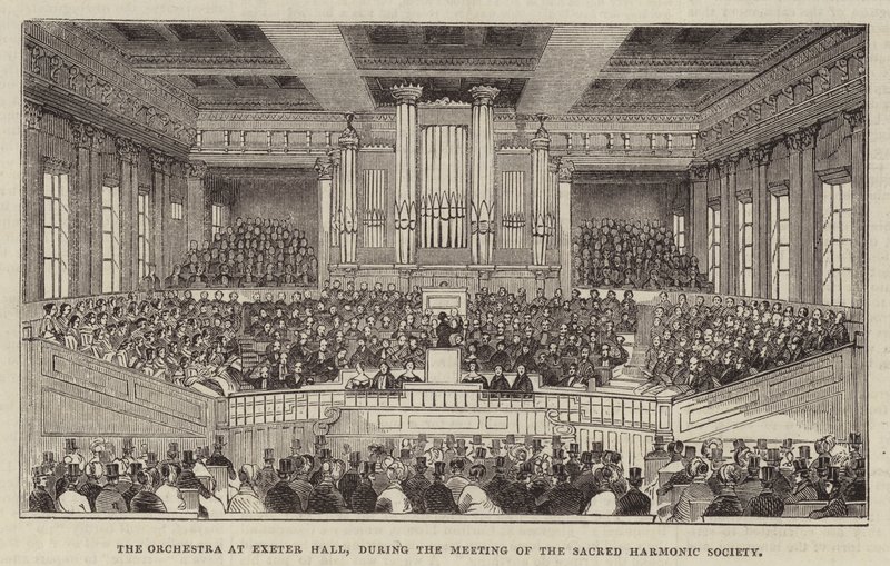 Het orkest in Exeter Hall, tijdens de bijeenkomst van de Sacred Harmonic Society door English School