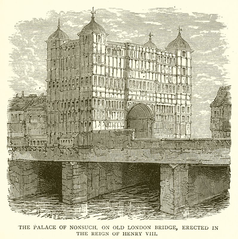 Het paleis van Nonsuch, op de oude London Bridge, opgericht tijdens het bewind van Hendrik VIII door English School