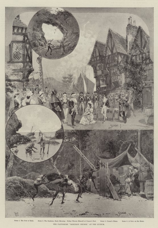 De pantomime "Robinson Crusoe," in het Lyceum (litho) door English School