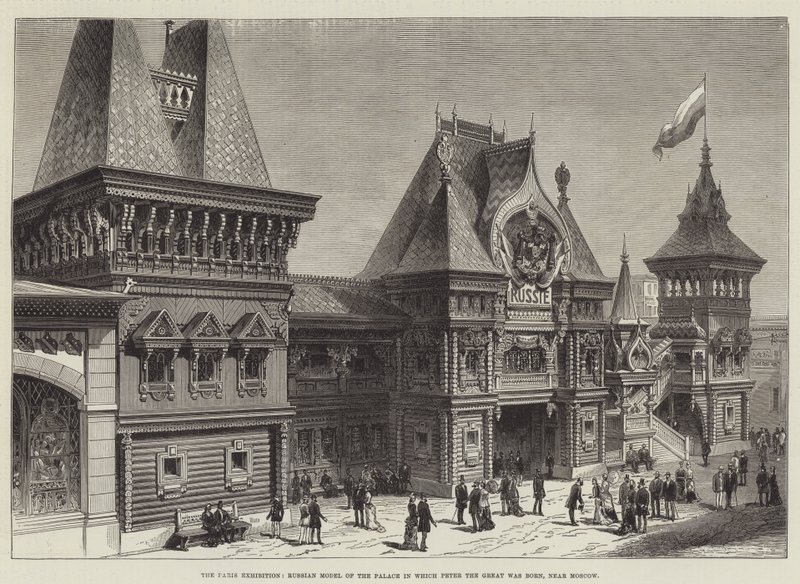 De Parijs tentoonstelling, Russisch model van het paleis waarin Peter de Grote werd geboren, nabij Moskou (gravure) door English School