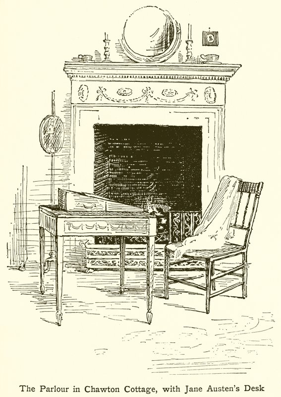 De salon in Chawton Cottage, met Jane Austens bureau door English School