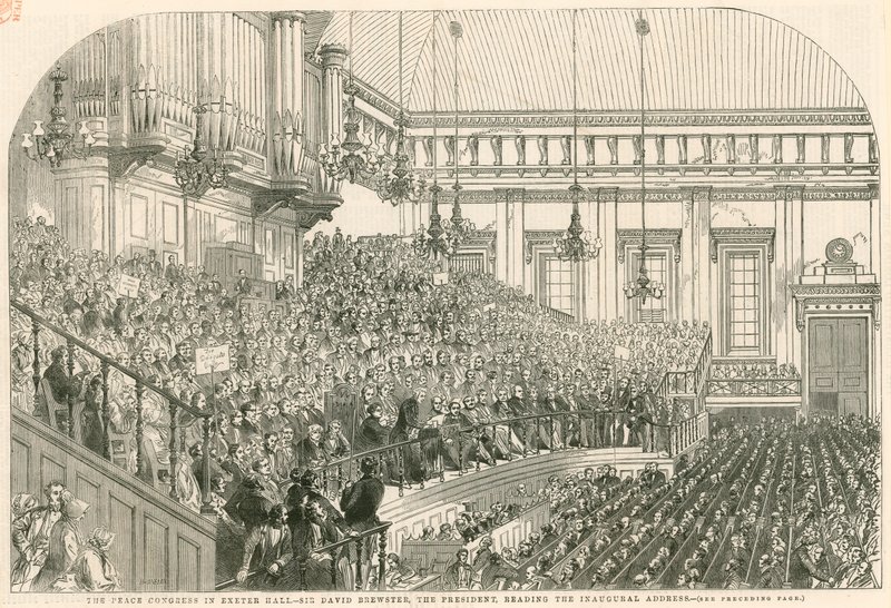 Het Vredescongres in Exeter Hall, Sir David Brewster, de voorzitter, leest de inaugurele rede door English School